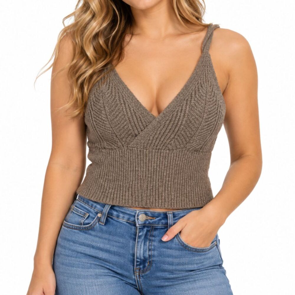Sincerely Jules Women’s Taupe Surplice Knit Cropped Tank Top | Size Small